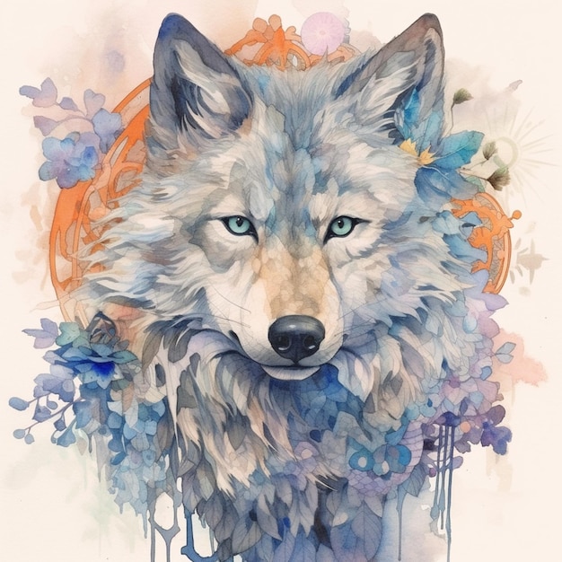 painting of a wolf with blue eyes and flowers on a white background generative ai