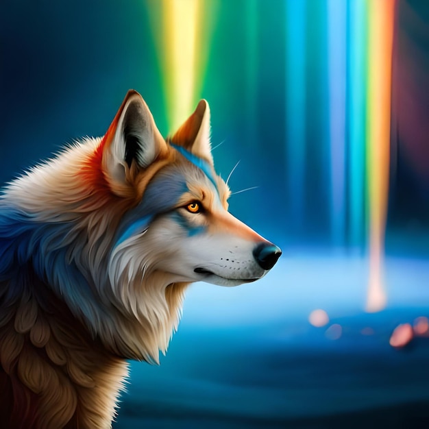 A painting of a wolf with blue eyes and a rainbow in the background.