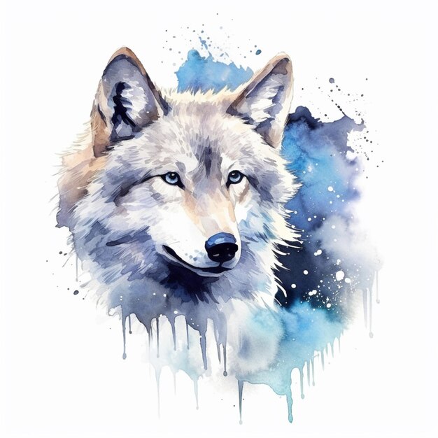 Painting of a wolf with blue eyes and a white background generative ai