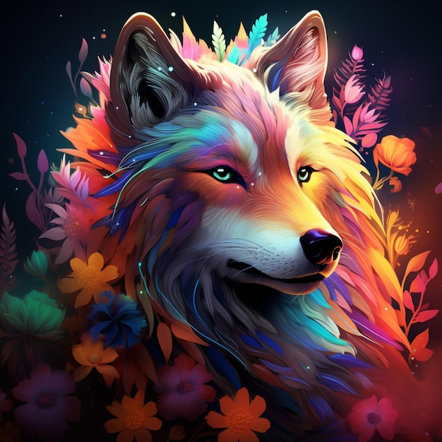 Painting of a wolf with colorful flowers and leaves on a dark background generative ai