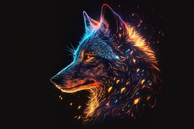A painting of a a wolf with a flame on his head on black background