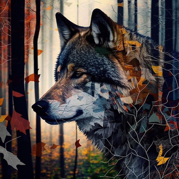 A painting of a wolf with leaves on it