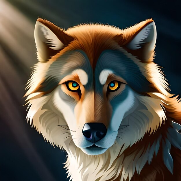 A painting of a wolf with a light shining on its face.