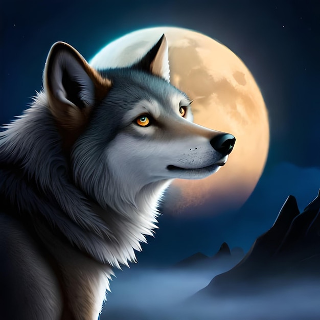 A painting of a wolf with the moon in the background.