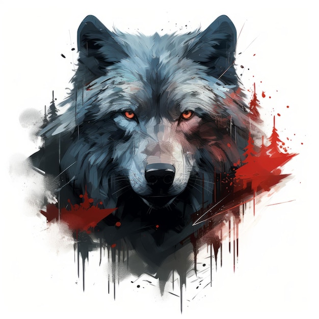 a painting of a wolf with red eyes