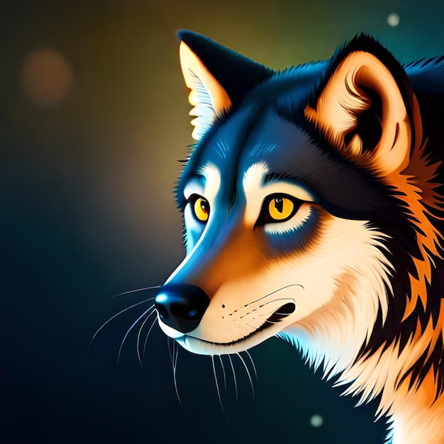 A painting of a wolf with yellow eyes and a blue background.