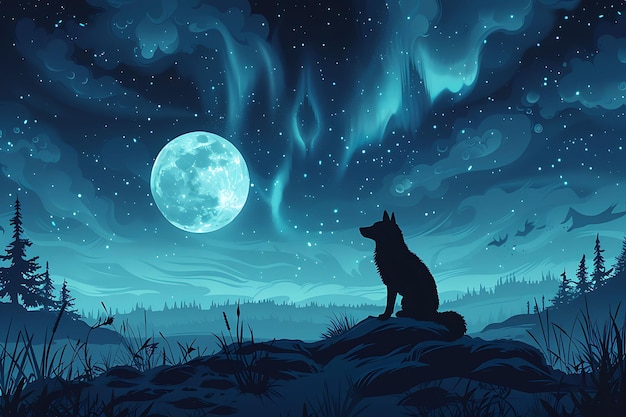 Photo a painting of a wolf and a wolf in the night sky