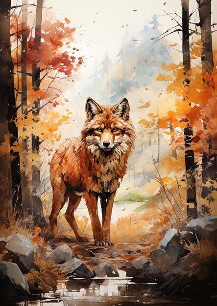 a painting of a wolf in the woods with a forest background