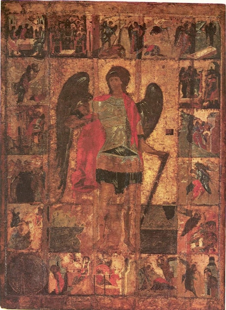 Photo a painting of a woman and angel with wings on the front