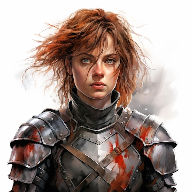 Photo painting of a woman in armor with blood on her face generative ai