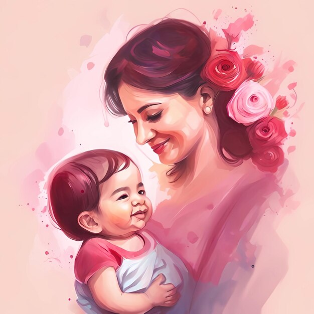 A painting of a woman and a baby with red roses on the bottom