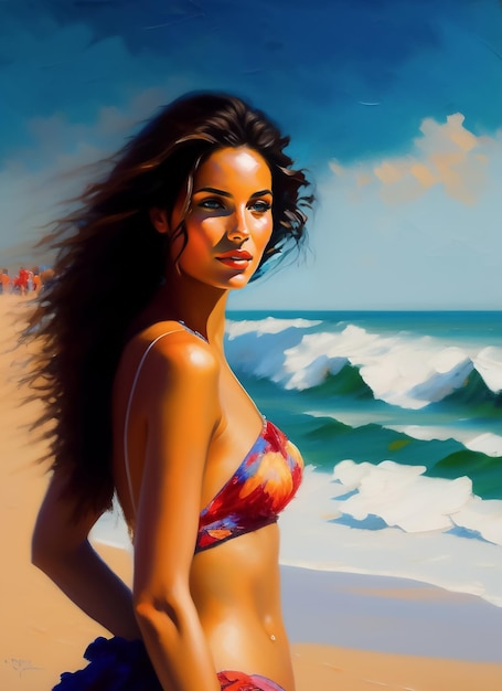 A painting of a woman on a beach