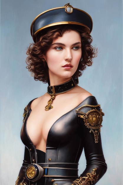 Картина с изображением женщины в черном платье с золотой отделкой и надписью «золотой век».