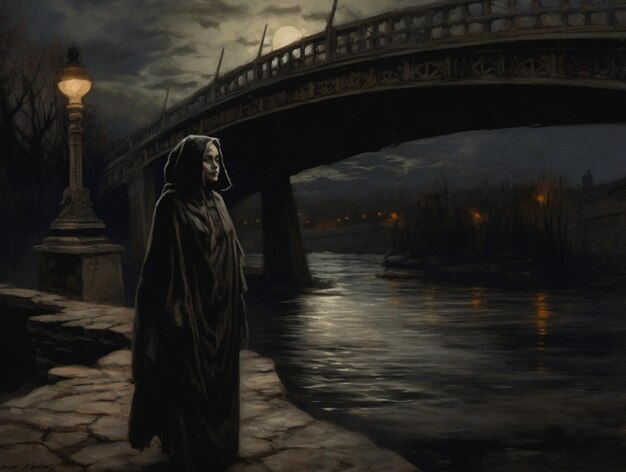A painting of a woman in a black robe stands under a bridge that has a bridge in the background.