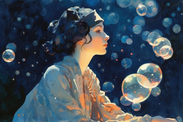 A painting of a woman blowing bubbles