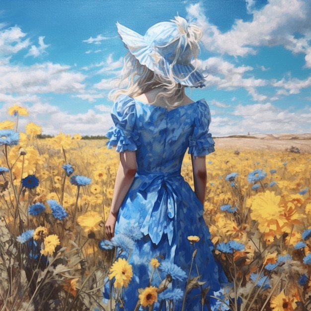 Painting of a woman in a blue dress and hat in a field of flowers generative ai