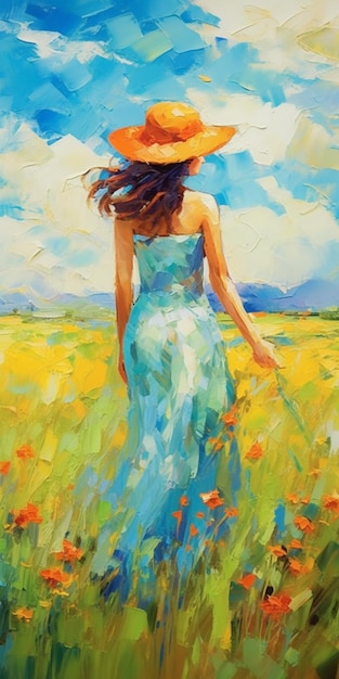 a painting of a woman in a blue dress and hat walking through a field generative ai