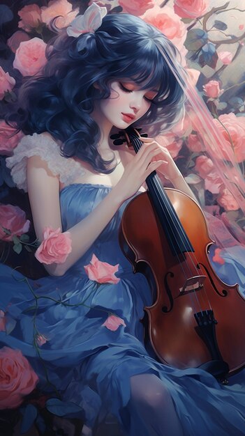 painting of a woman in a blue dress playing a violin generative ai