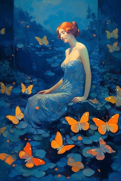 蝶が描かれた青いドレスを着た女性の絵。