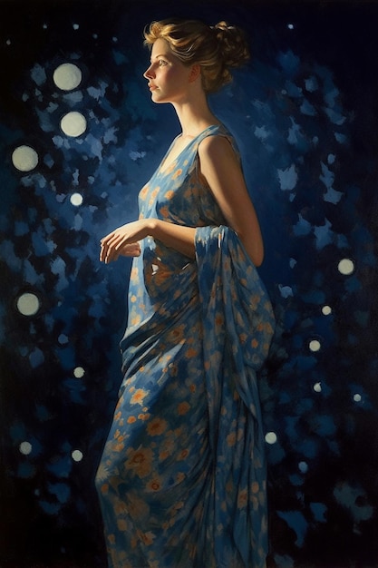 A painting of a woman in a blue dress