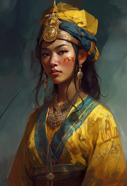 A painting of a woman in a blue and yellow outfit with a gold headdress and a gold necklace.