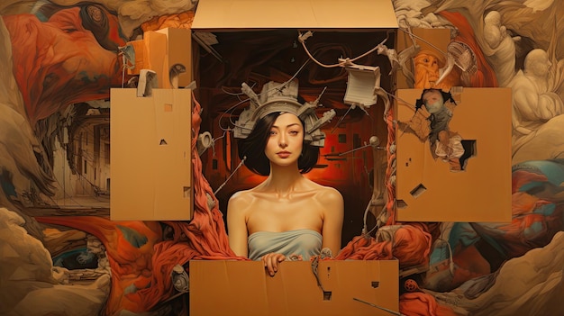 a painting of a woman in a box with the words " no " on it.