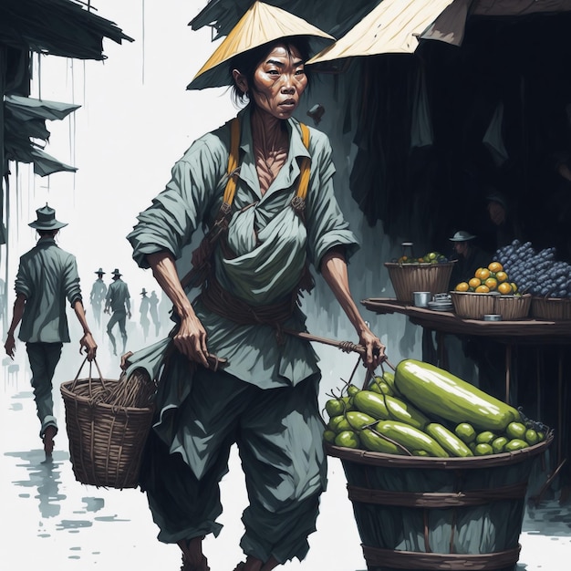 A painting of a woman carrying a basket of cucumbers