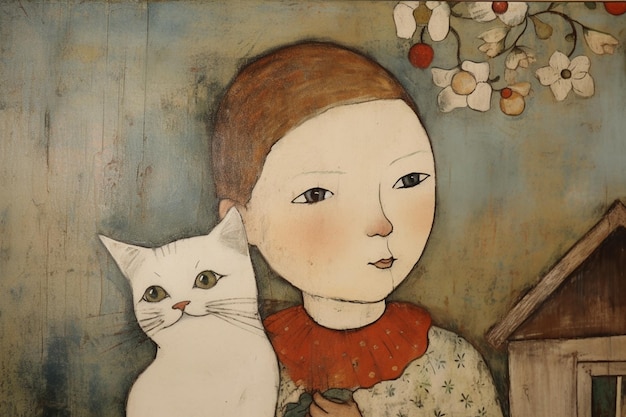 A painting of a woman and a cat