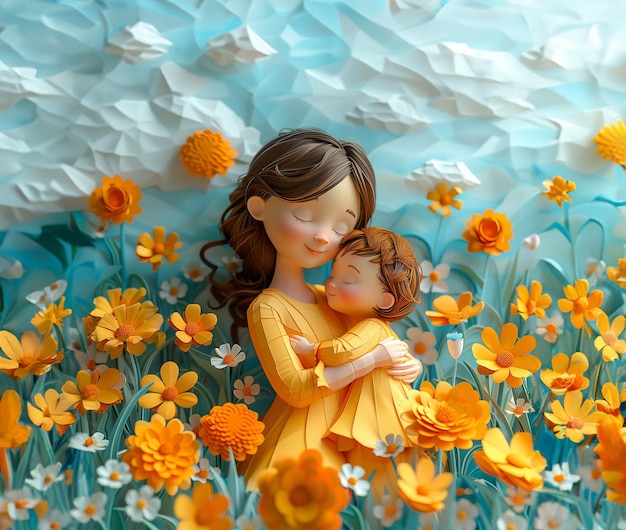 Photo a painting of a woman and a child in a field of flowers