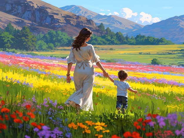 a painting of a woman and a child in a field of flowers