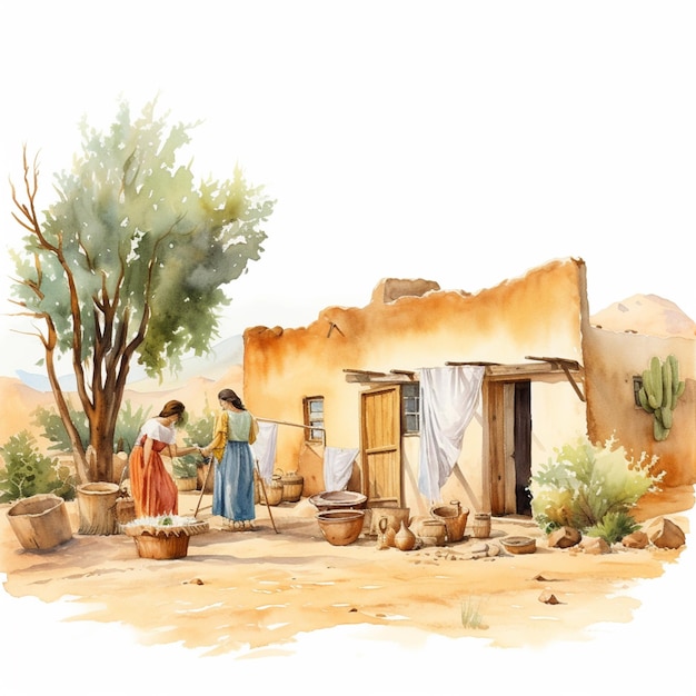 Painting of a woman and a child outside a adobe house generative ai