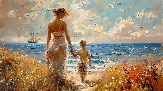 a painting of a woman and a child walking on the beach