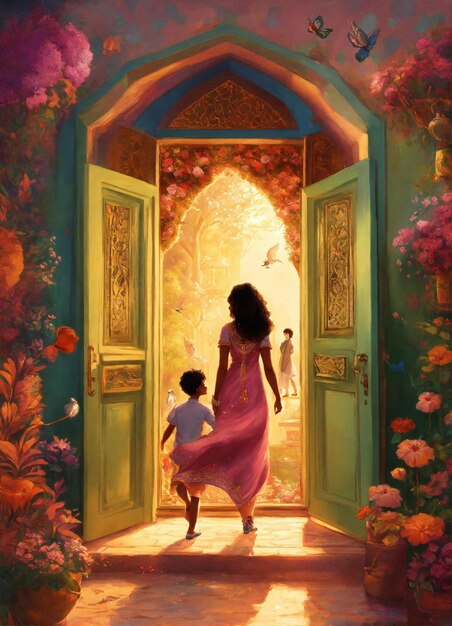 a painting of a woman and a child walking into a room with a flowered wall