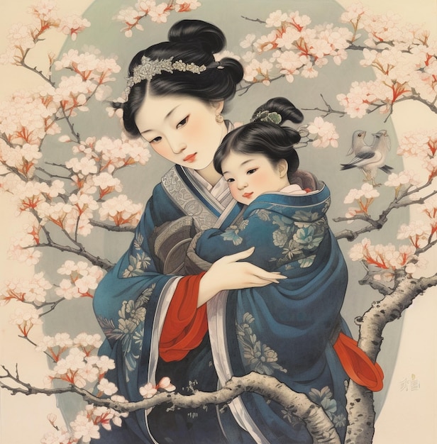 A painting of a woman and a child with flowers on the branches.