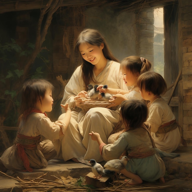 A painting of a woman and children with a baby and a cat