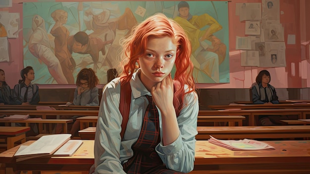 a painting of a woman in a classroom with a painting of a woman in the background.