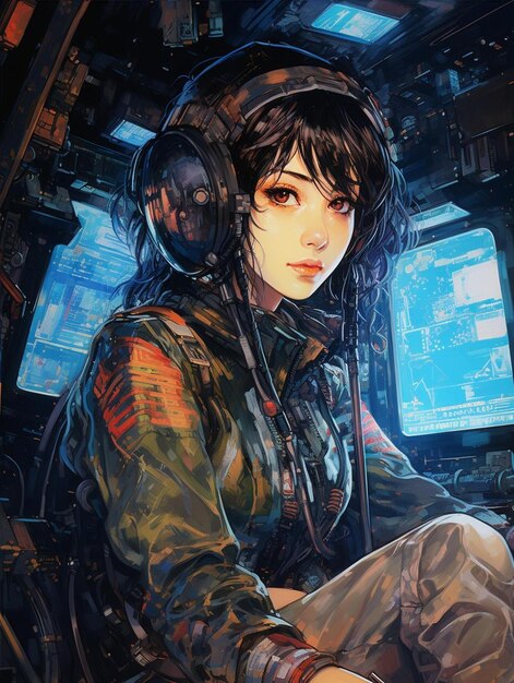 Premium AI Image  anime girl with a black headband and red headphones