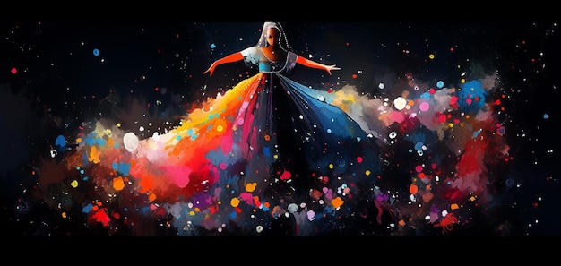 Картина женщины в красочном платье с большим количеством конфетов