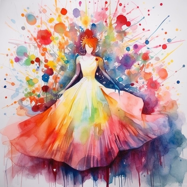 Painting of a woman in a colorful dress with a lot of paint splatters generative ai