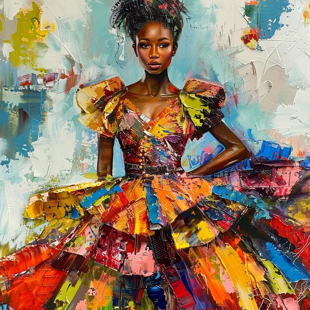 a painting of a woman in a colorful dress with the word quot shes quot on it