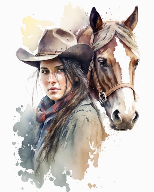 Painting of a woman in a cowboy hat and a horse generative ai