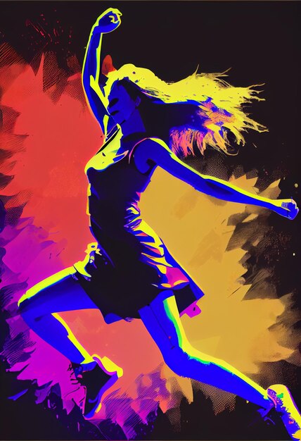 カラフルな光の中で踊る女性の絵。