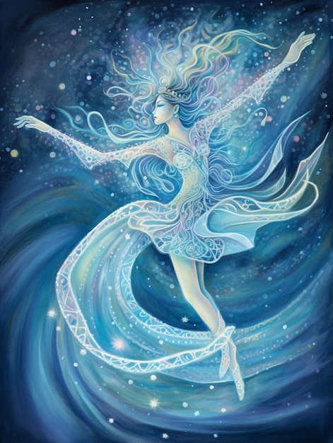 A painting of a woman dancing with the word aqua on the bottom.