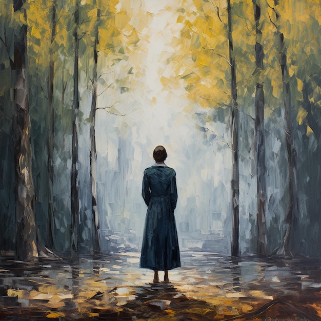 a painting of a woman in a dark forest with a light shining through the trees.