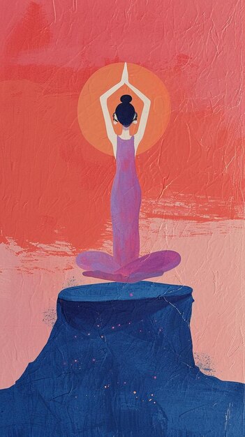 a painting of a woman doing yoga on a cliff
