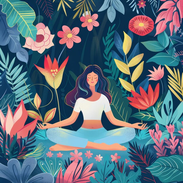 a painting of a woman doing yoga in front of flowers