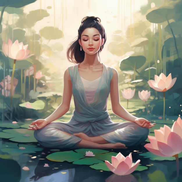 a painting of a woman doing yoga in lotus position