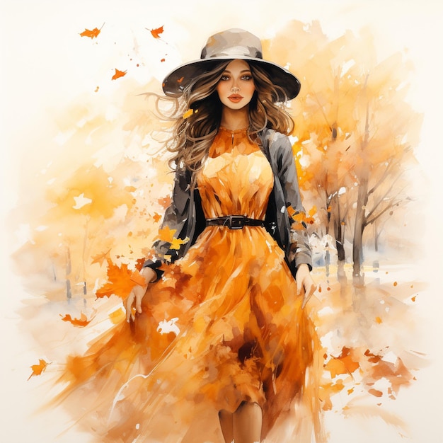 Photo painting of a woman in a dress and hat walking in a park generative ai