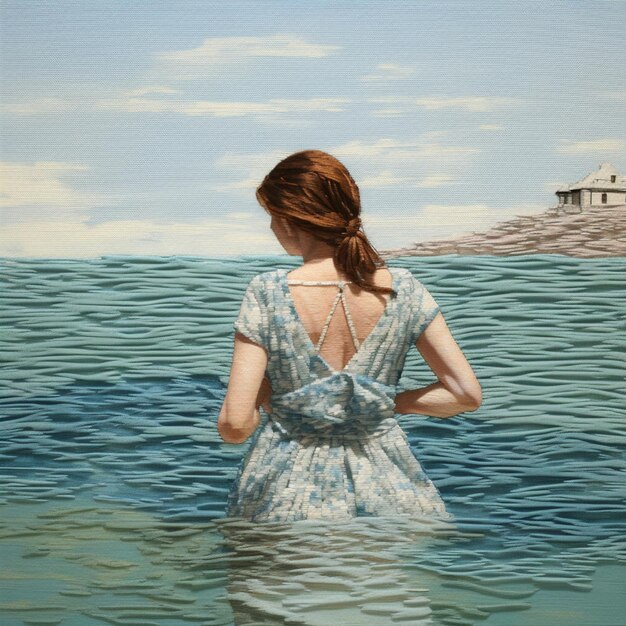 Painting of a woman in a dress standing in the water generative ai