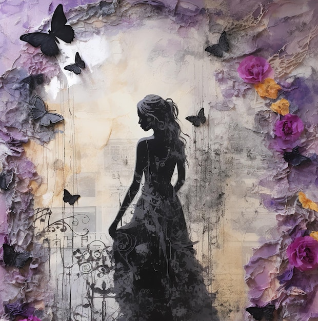 Картина женщины в платье с бабочками и цветами.